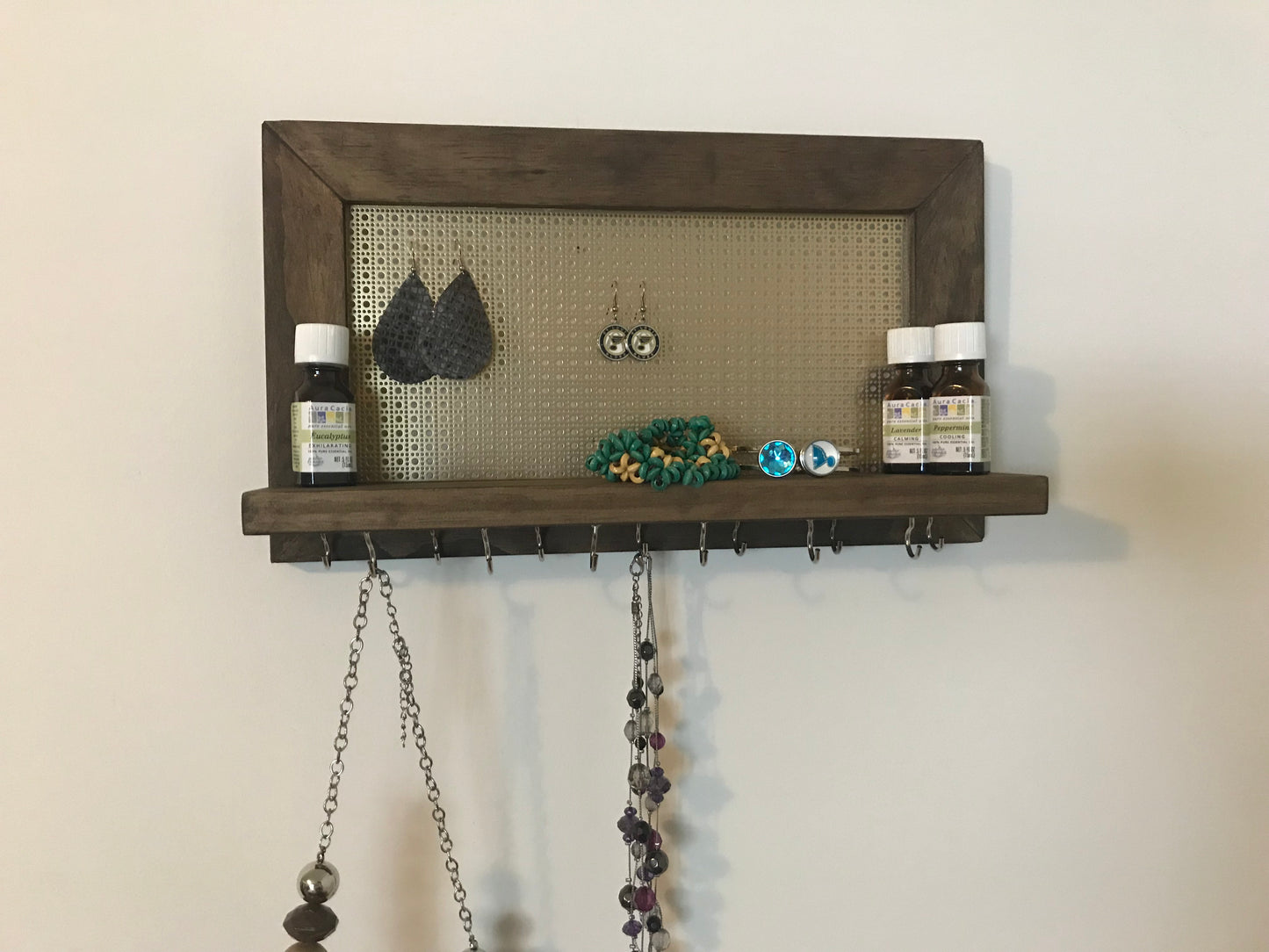 Wall hanging jewelry display. Earring Display. Hanging Necklace Display. Bracelet Shelf Display.