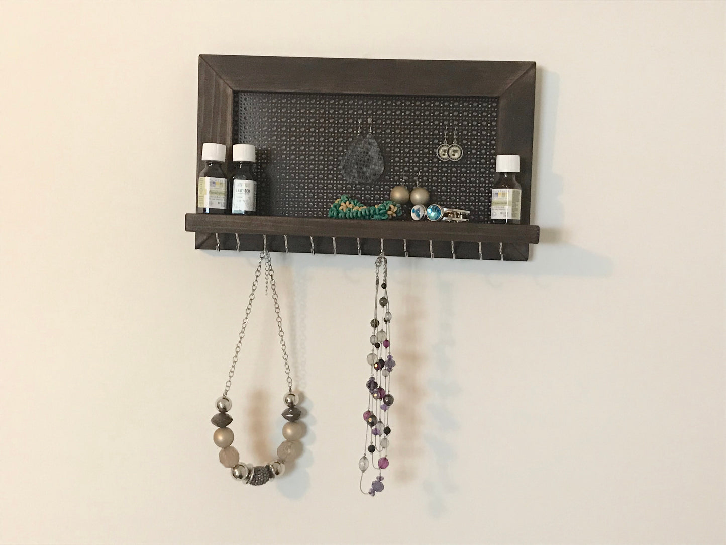Wall hanging jewelry display. Earring Display. Hanging Necklace Display. Bracelet Shelf Display.