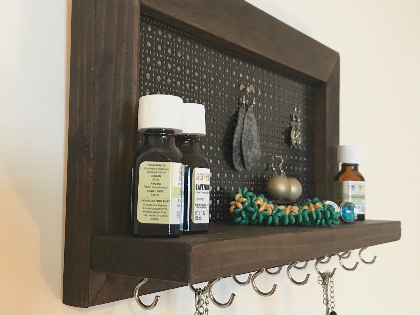 Wall hanging jewelry display.  Earring Display.  Hanging Necklace Display.  Bracelet Shelf Display.