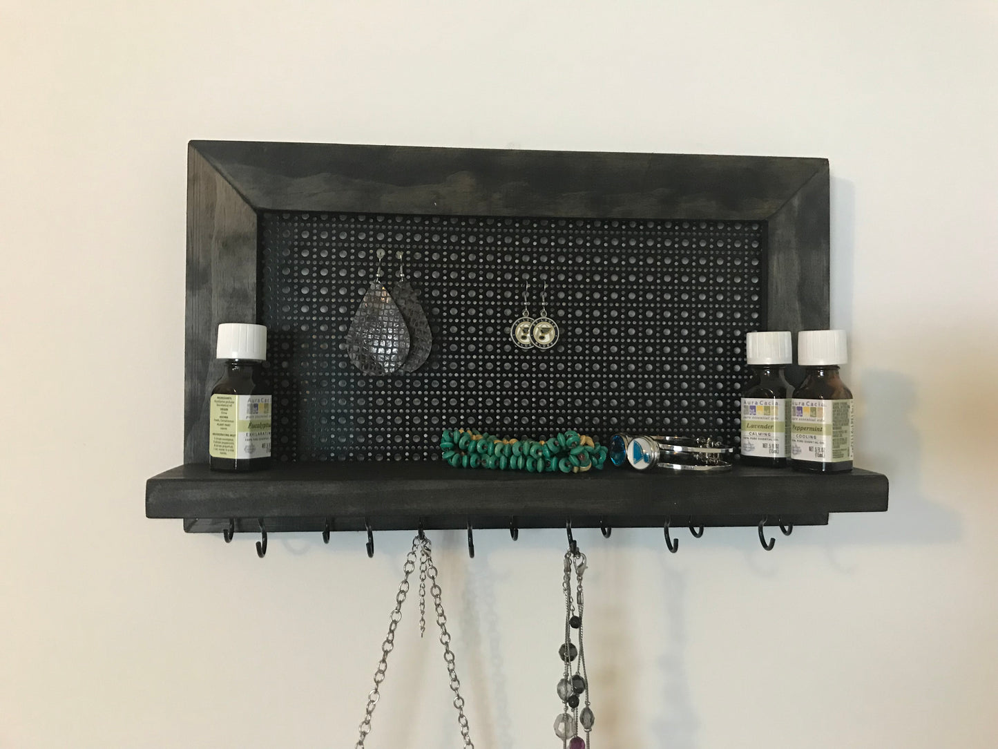 Wall hanging jewelry display. Earring Display. Hanging Necklace Display. Bracelet Shelf Display.