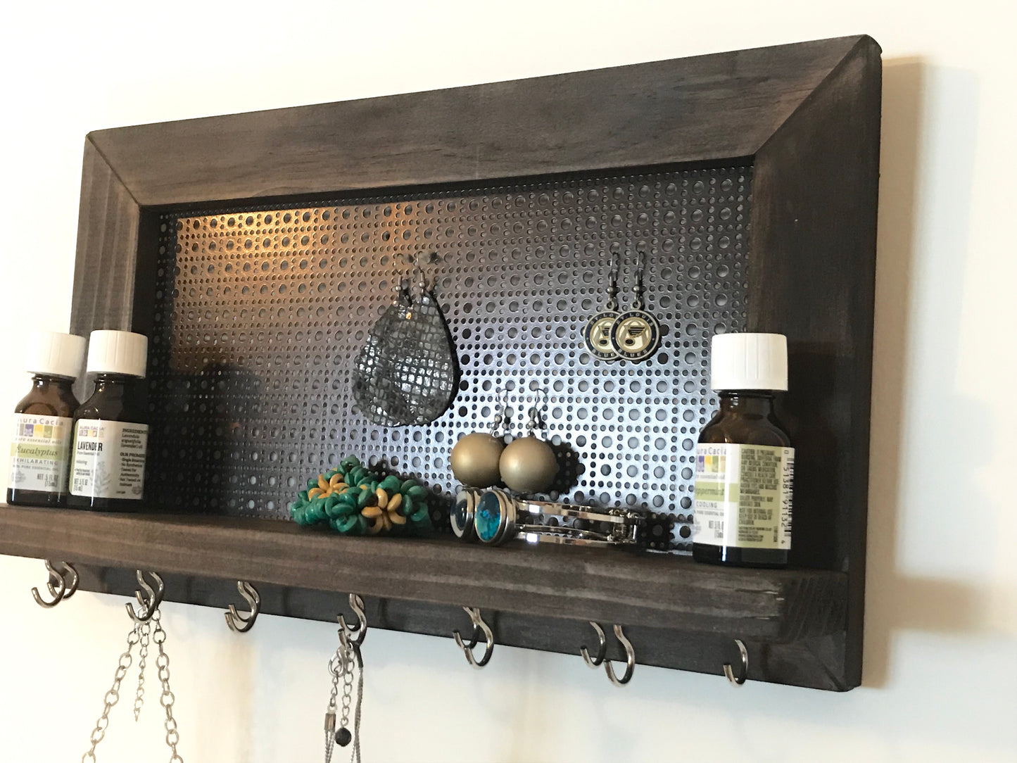 Wall hanging jewelry display. Earring Display. Hanging Necklace Display. Bracelet Shelf Display.