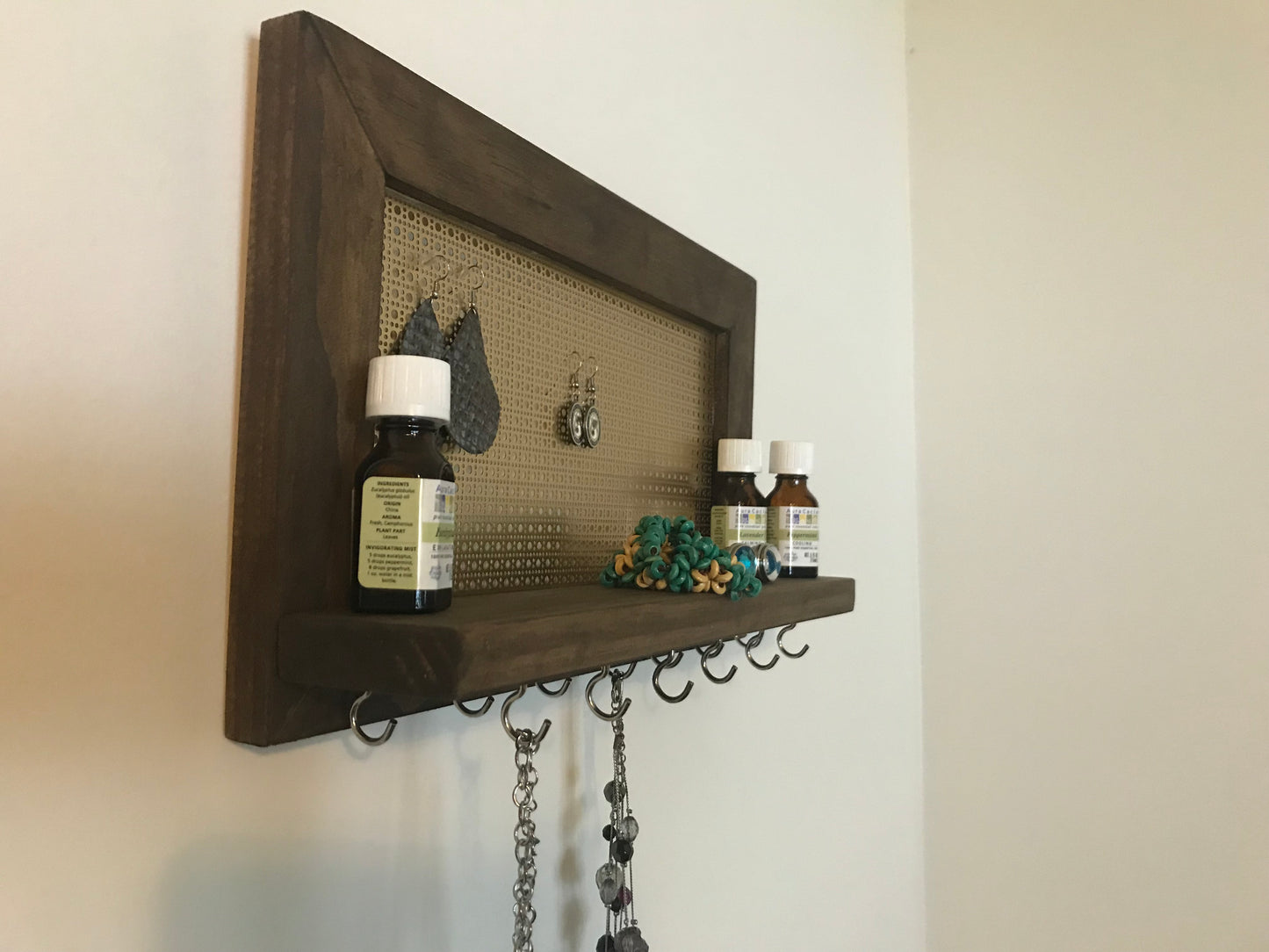 Wall hanging jewelry display.  Earring Display.  Hanging Necklace Display.  Bracelet Shelf Display.