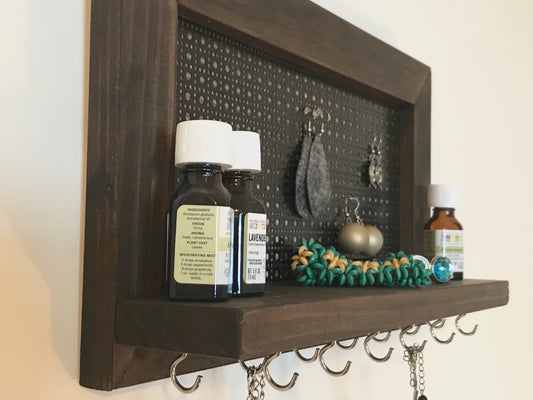 Wall hanging jewelry display.  Earring Display.  Hanging Necklace Display.  Bracelet Shelf Display.