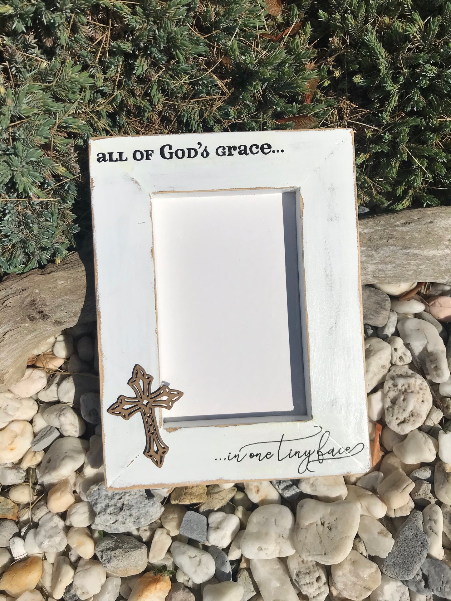 Home Decor.  Baptism Wall Frame.  All of Gods grace. White Distressed Frame.